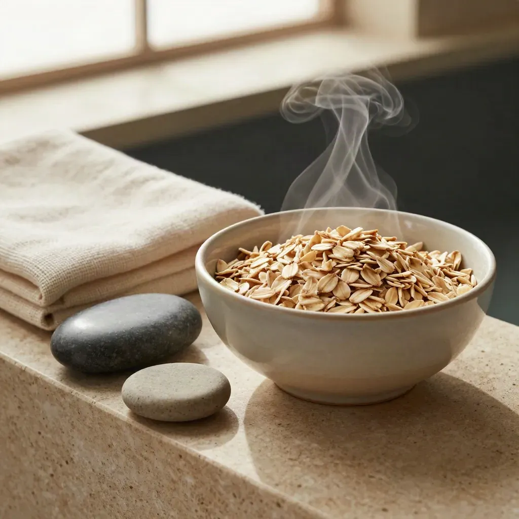 Rolled linen, ceramic balm bowl and massage stones on a limestone spa ledge with soft steam