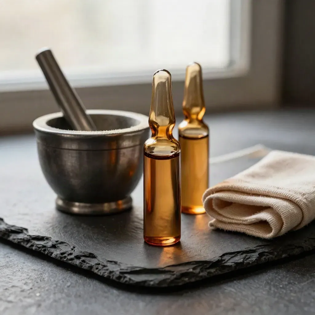 Amber compounding vials, steel mortar and muslin on slate in dramatic pharmacy still life.