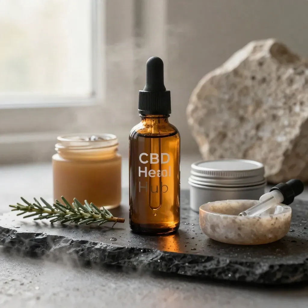 CBD tincture, gummy jar, balm tin, dish and cedar sprig on basalt in misty dawn light.