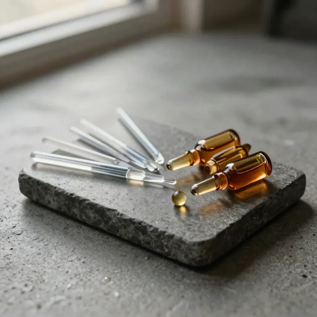 Top-down macro of pipette tips, amber ampoules, and an oil bead on a charcoal stone dish.