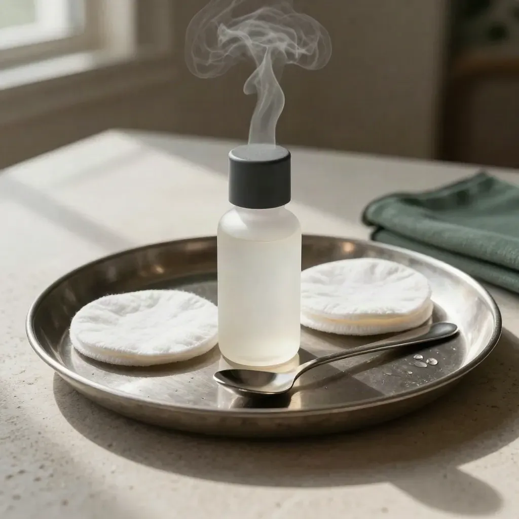 Frosted tincture bottle, cotton pads, and teaspoon on a pewter tray with cool vapor.