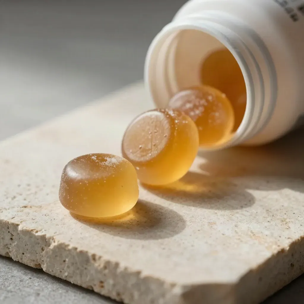 Top-down macro of translucent CBD gummies beside a matte lid on pale stone.