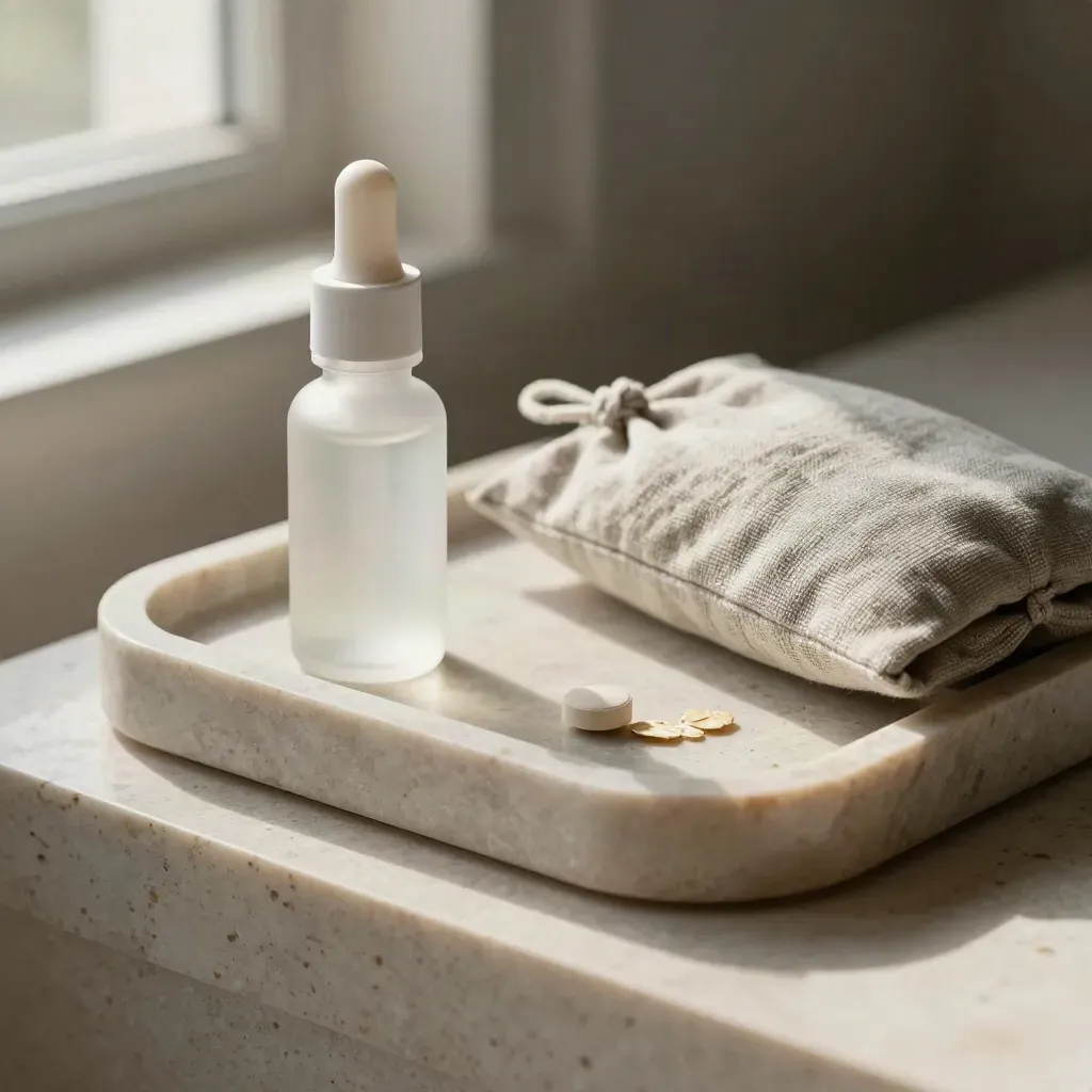 CBD sleep kit on soapstone tray with frosted bottle and linen sachet