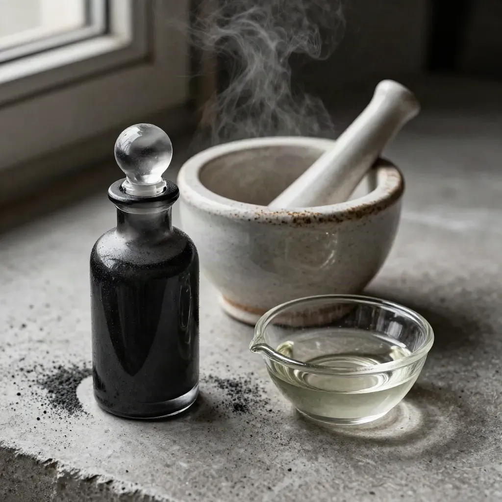 Charcoal bottle, ceramic mortar, and ribbed glass dish on concrete with drifting dust
