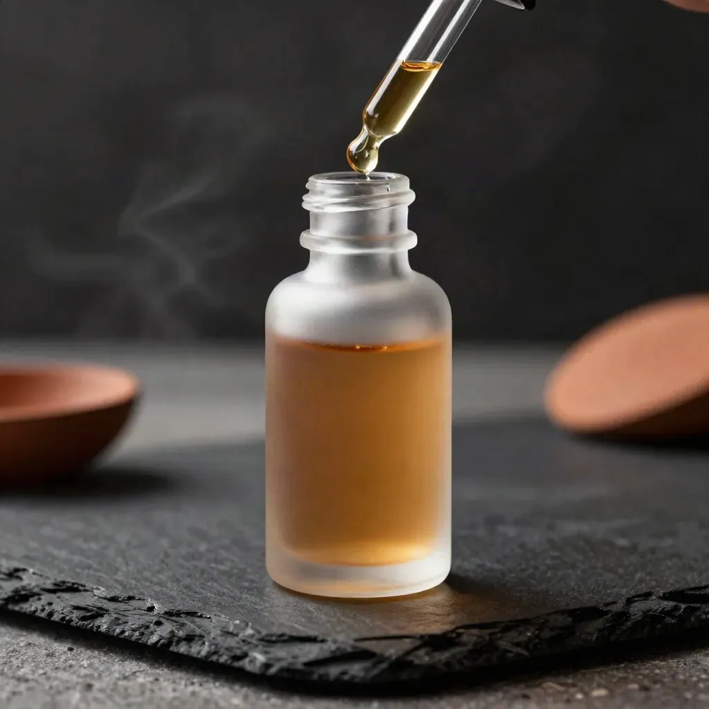 Frosted tincture bottle and dropper with a droplet on black slate, lit dramatically.