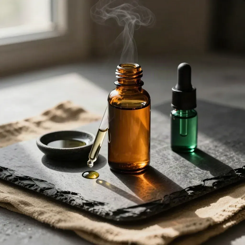 Amber tincture bottle, dropper, and stone dish with one oil bead on a dark slate surface.