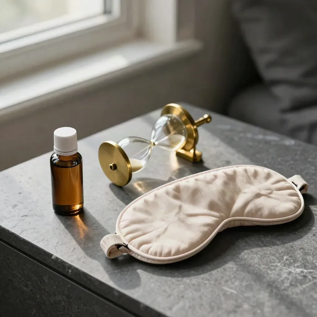 Amber CBD tincture bottle beside a brass hourglass and folded sleep mask on stone.