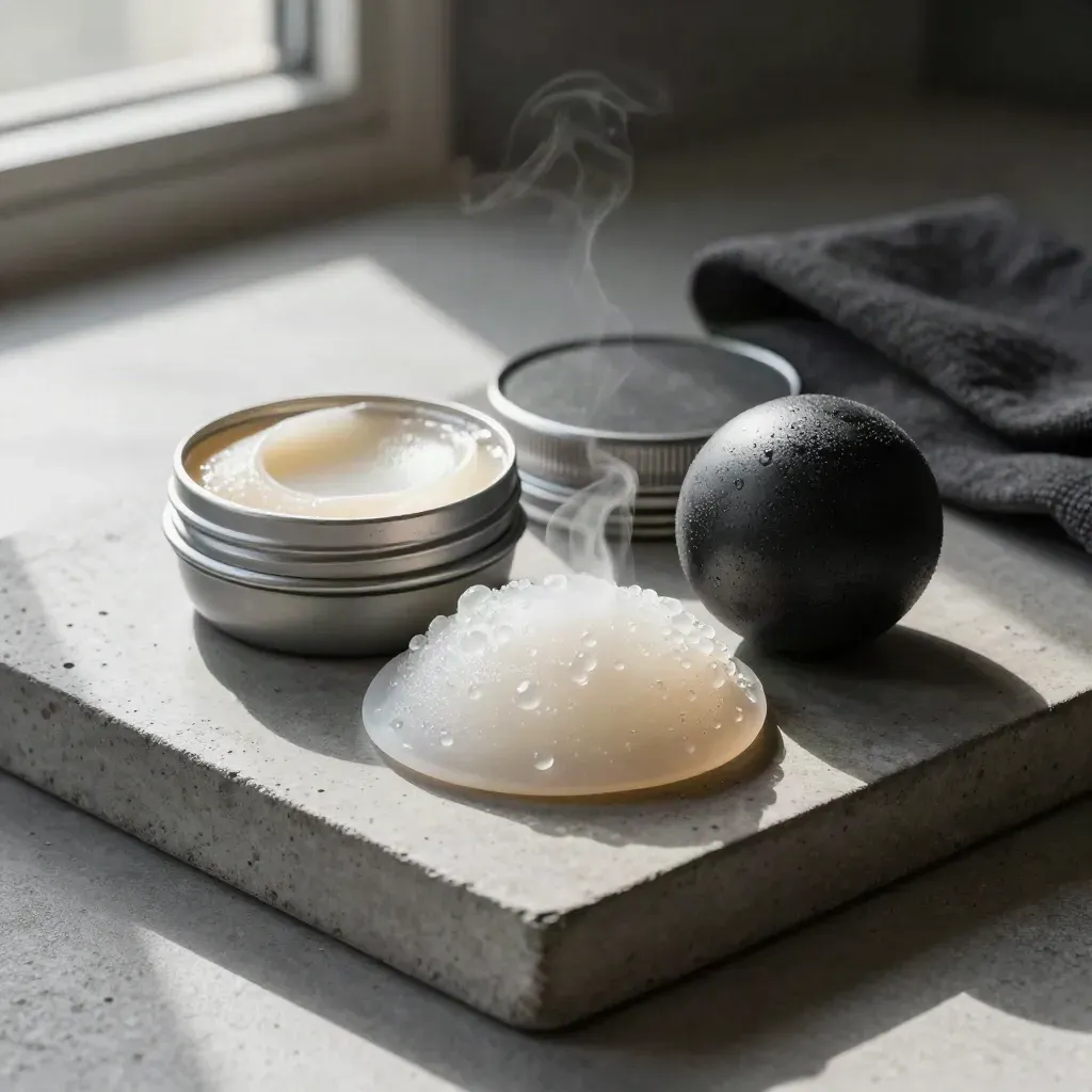 Balm, cooling pack, and massage ball on cool concrete with charcoal light.