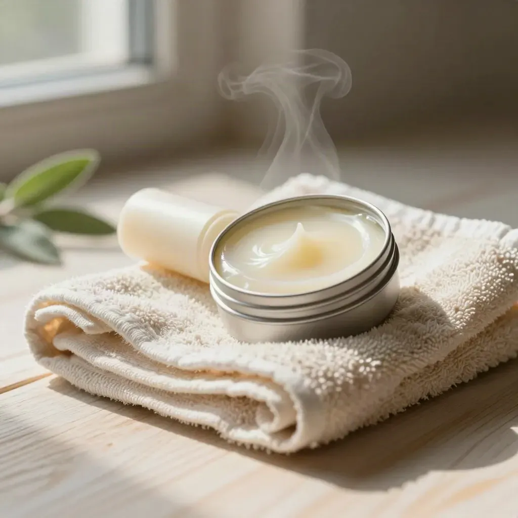 Open CBD balm tin, roll-on tube, and folded towel on pale wood with soft steam
