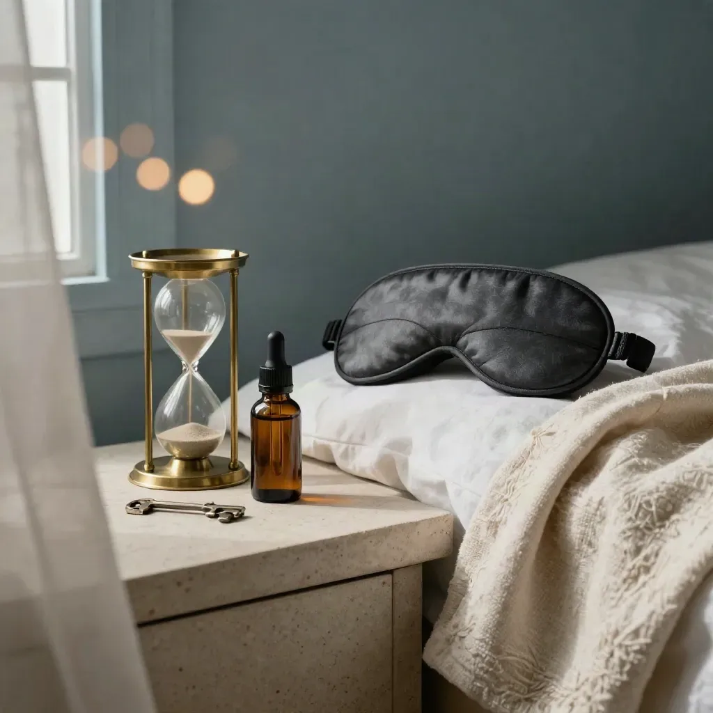 CBD sleep kit on a bedside plinth: tincture, sleep mask, brass hourglass and folded linen throw.