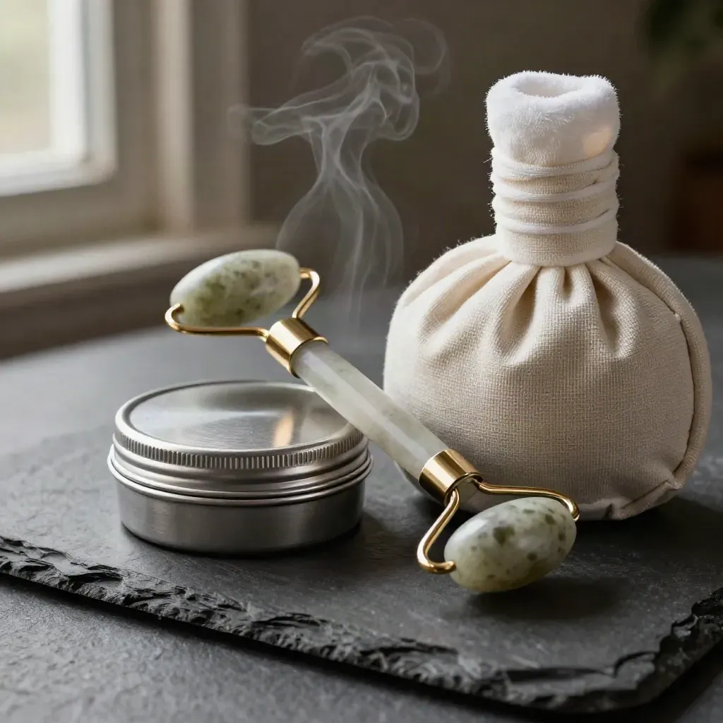 Close-up of a balm tin, stone roller, and warm compress pouch on slate with steam and doorway blur.