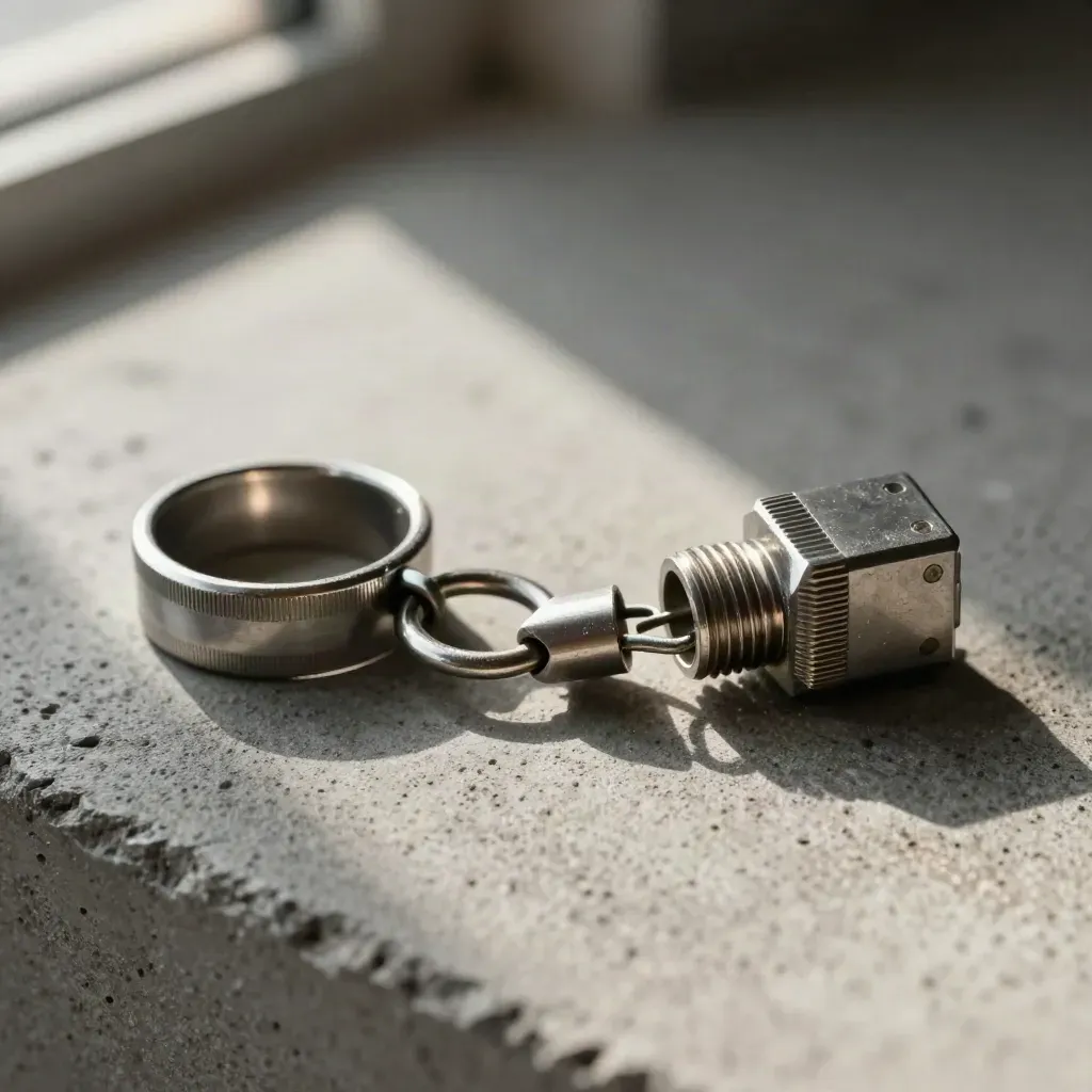 Brushed metal rings linked by a precision connector on charcoal concrete