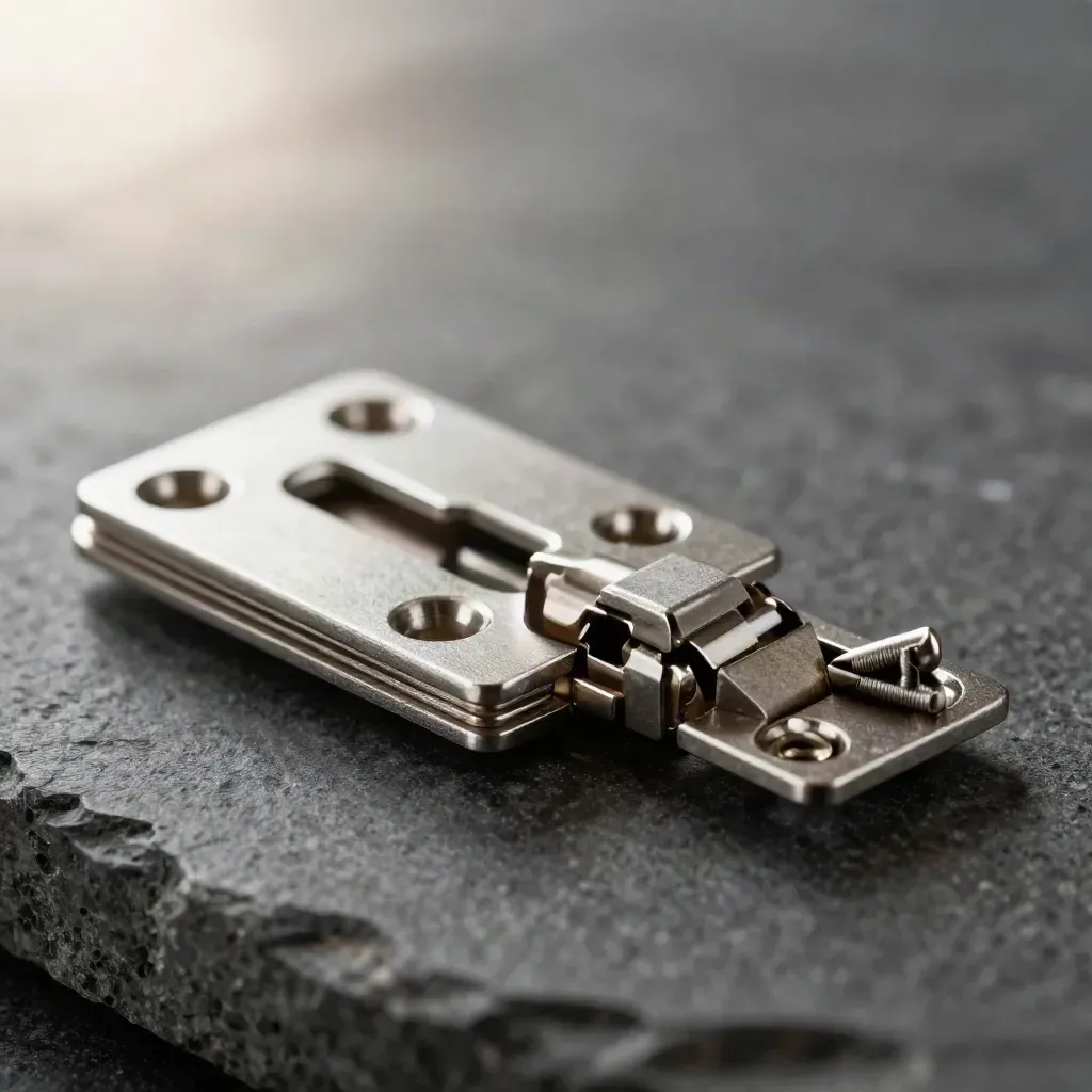 Macro of metal hinge parts and pins on dark graphite stone with a sage accent.