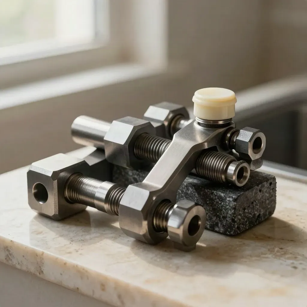 Machined brackets and hex spacers around a graphite stone block on limestone