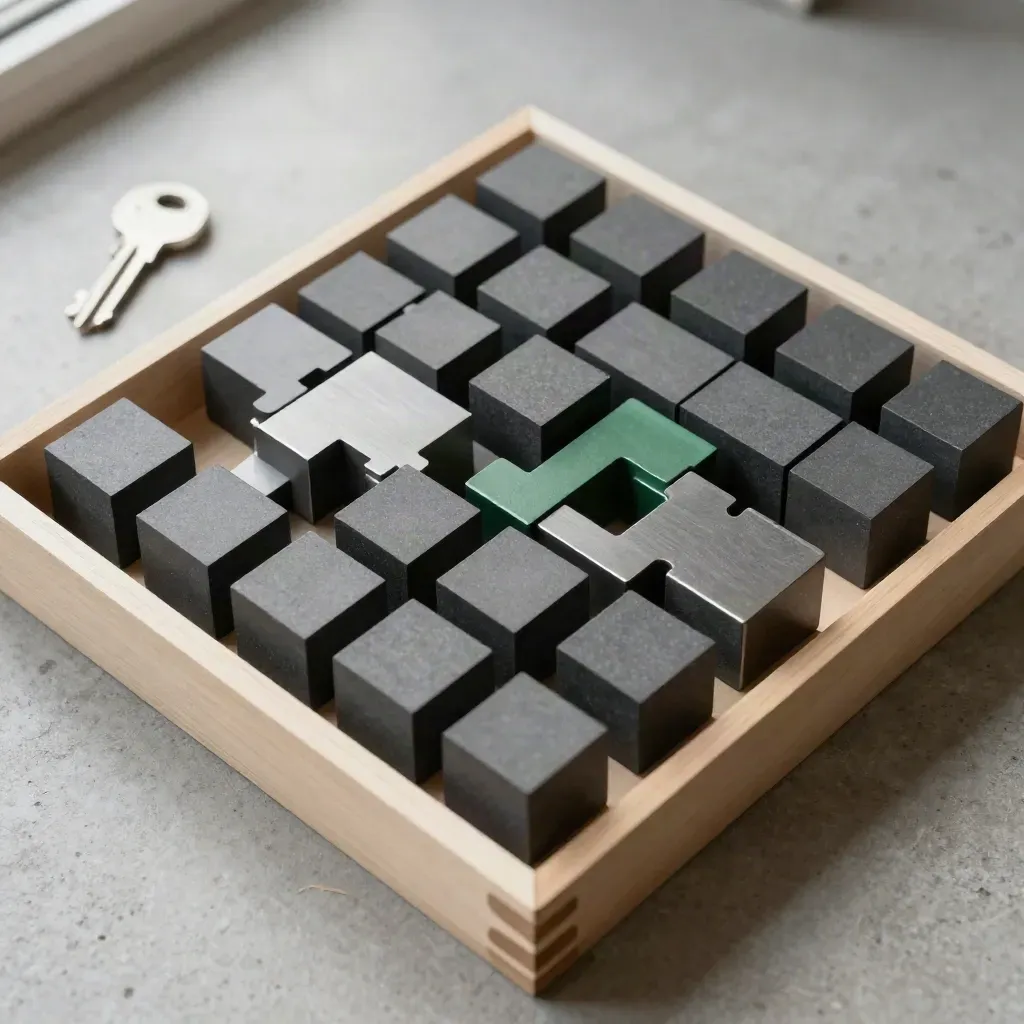 Overhead modular cubes and dovetail pieces in a pale wooden tray on concrete with a green accent