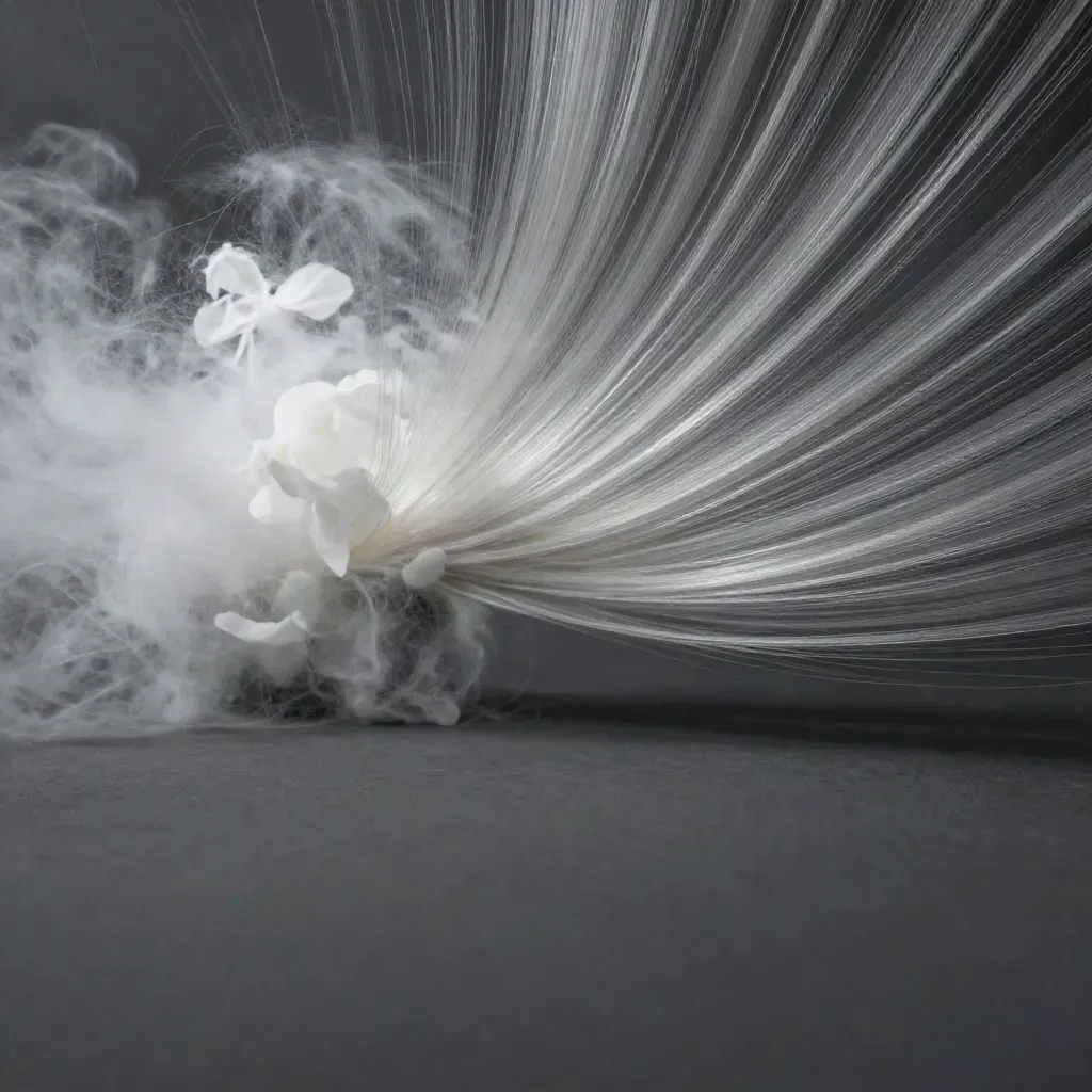 Silver filaments converge in graphite space with a soft white bloom and drifting haze.