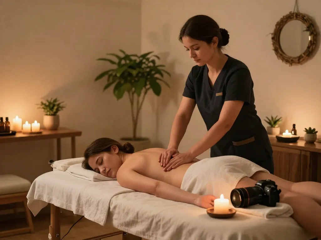 마포출장마사지 session in a serene therapy room with calming ambiance